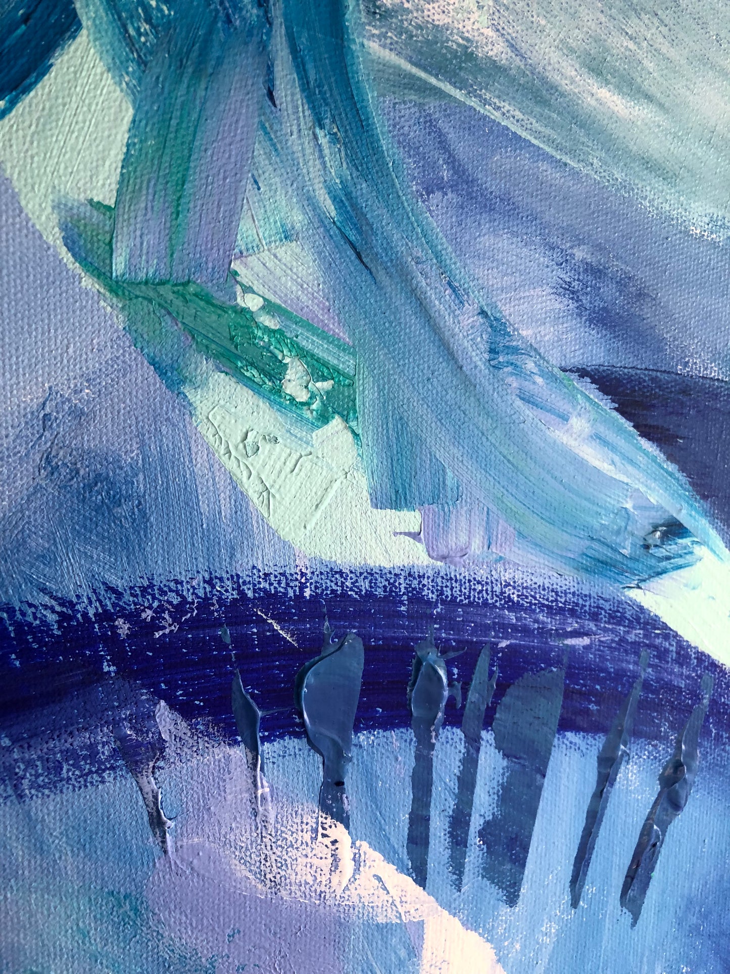 Close-up of painting details from an original acrylic painting in shades of blue