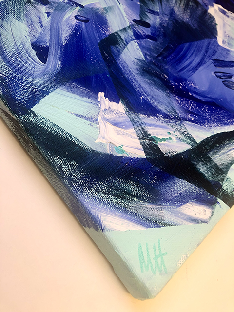 Painted side of canvas and artist's signature from original painting Breathe, in shades of blue