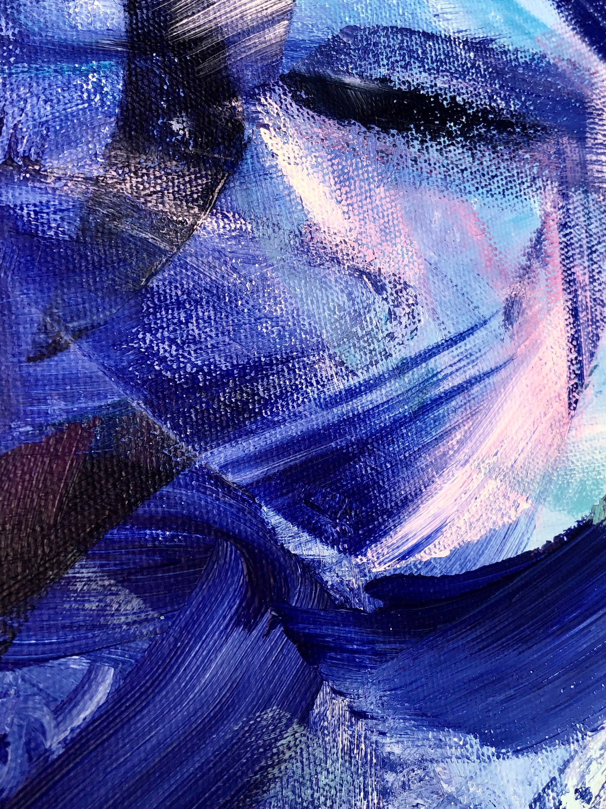 Close-up of painting details and drips from an original acrylic painting in shades of blue, purple and white