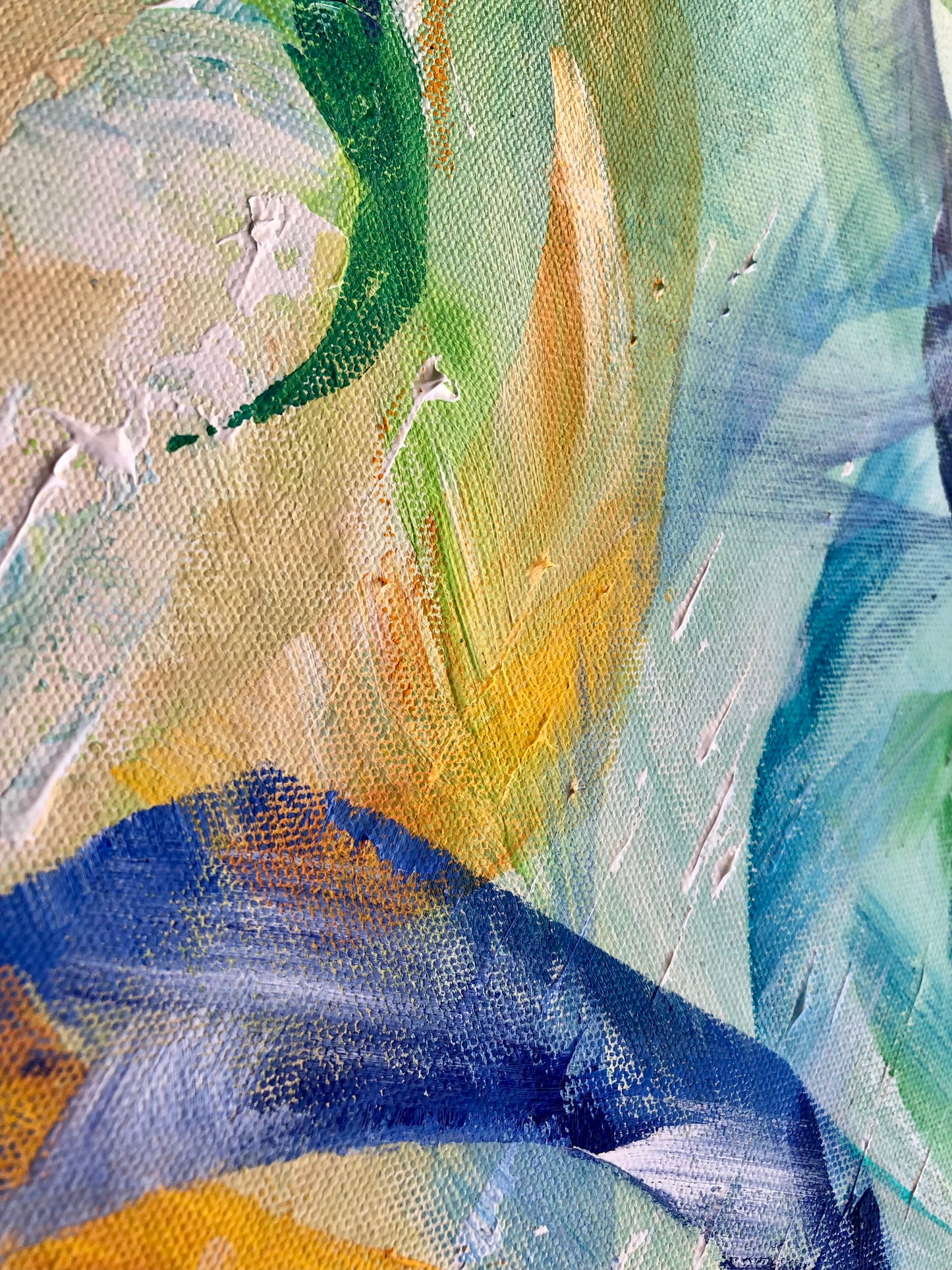 Close-up of painting details from an original acrylic painting in shades of blue, green, yellow, white and orange