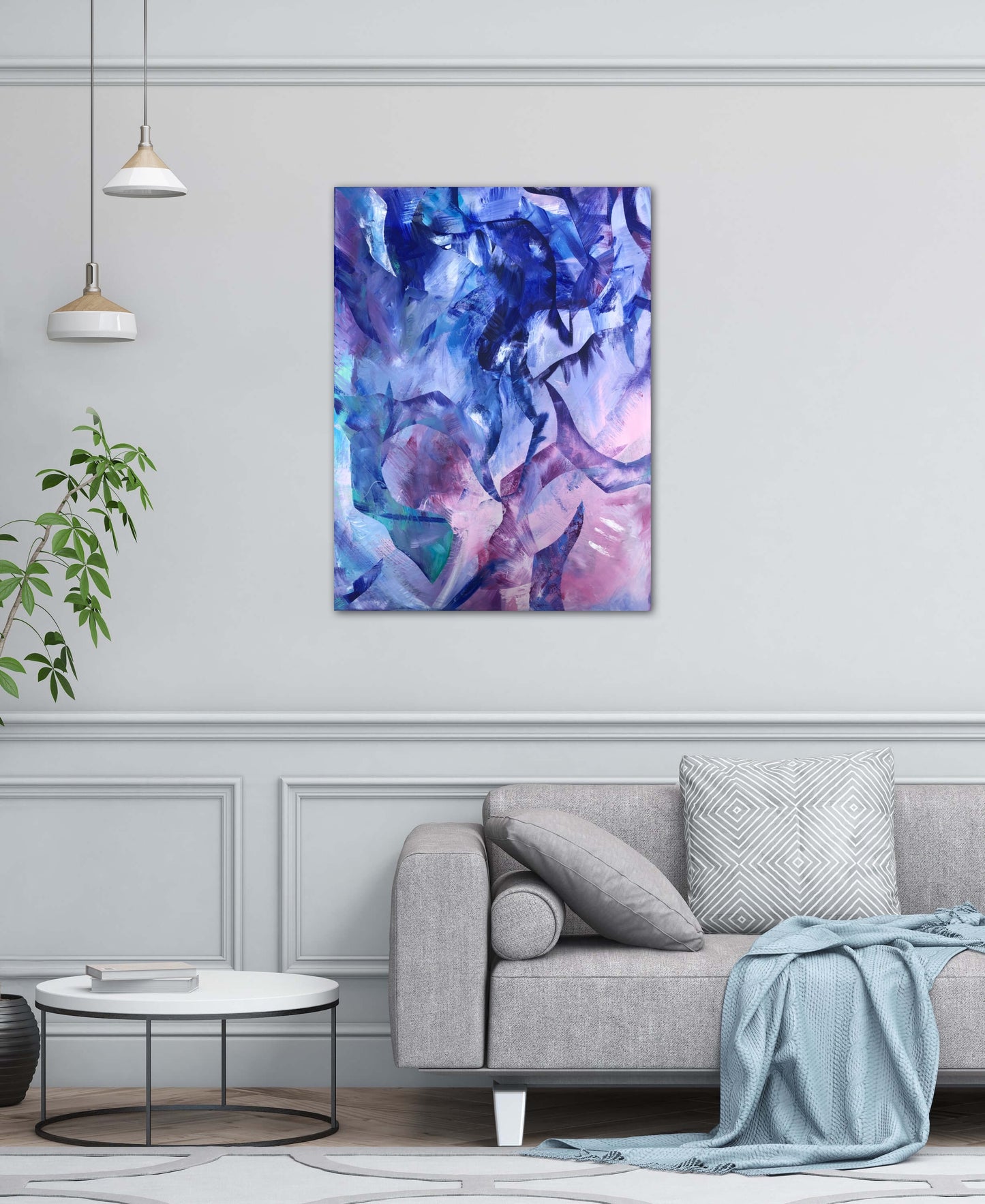 Exploration original abstract acrylic painting on canvas displayed on a grey wall in a contemporary decor living room with grey sofa