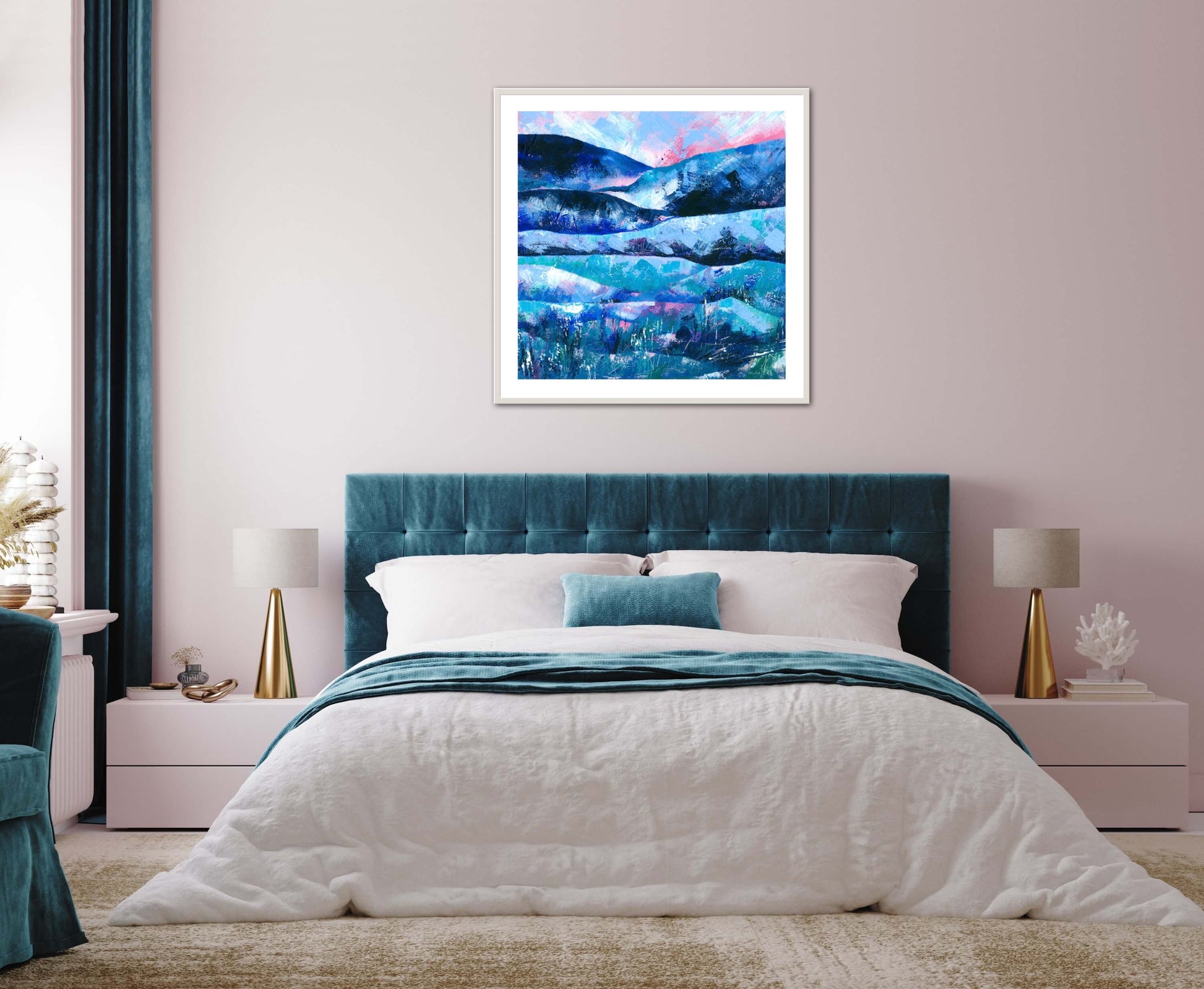 Tranquility abstract landscape painting fine art print displayed in a white frame above a bed in a contemporary pink and teal bedroom