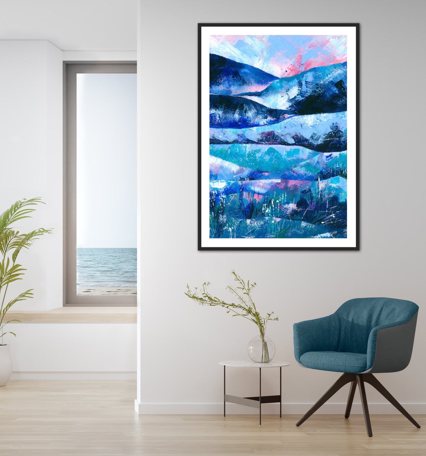 Tranquility abstract landscape painting A1 art print displayed in a black frame in a neutral contemporary room with a teal chair