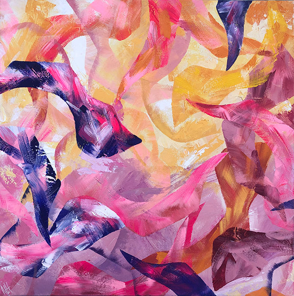 Abstract acrylic painting measuring 60x60cm by Melanie Howells. Features layered shapes in warm shades of pink, purple, orange and yellow.