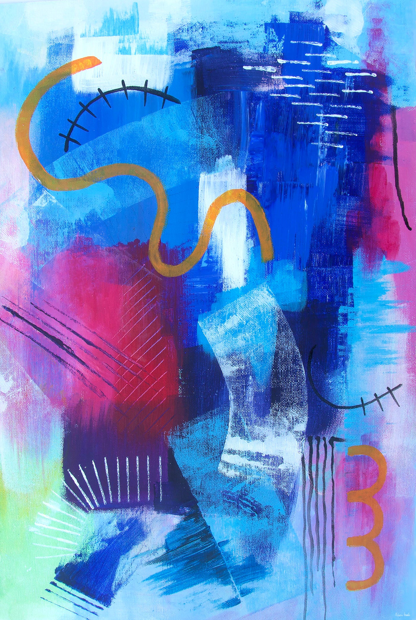 Limitless abstract fine art print reproduction taken from an original blue and pink painting by artist Melanie Howells