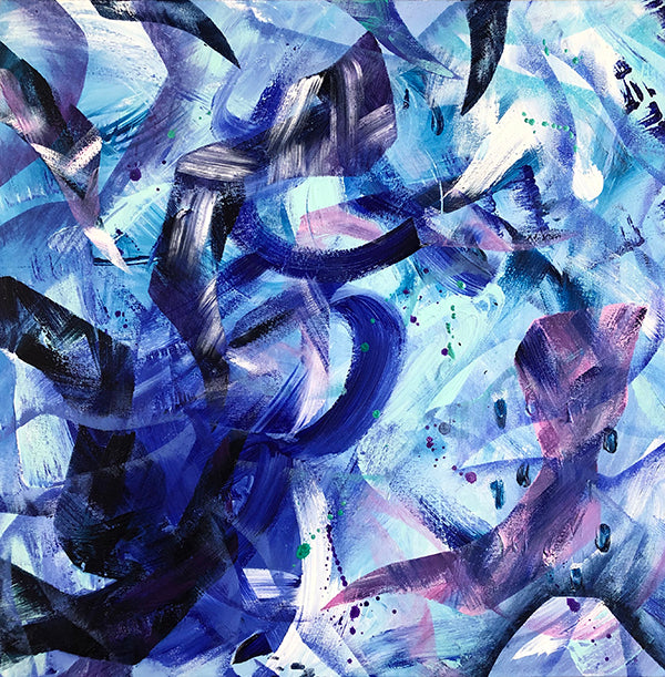 Abstract acrylic painting measuring 60x60cm by Melanie Howells. Features layered shapes in shades of blue, purple and white.