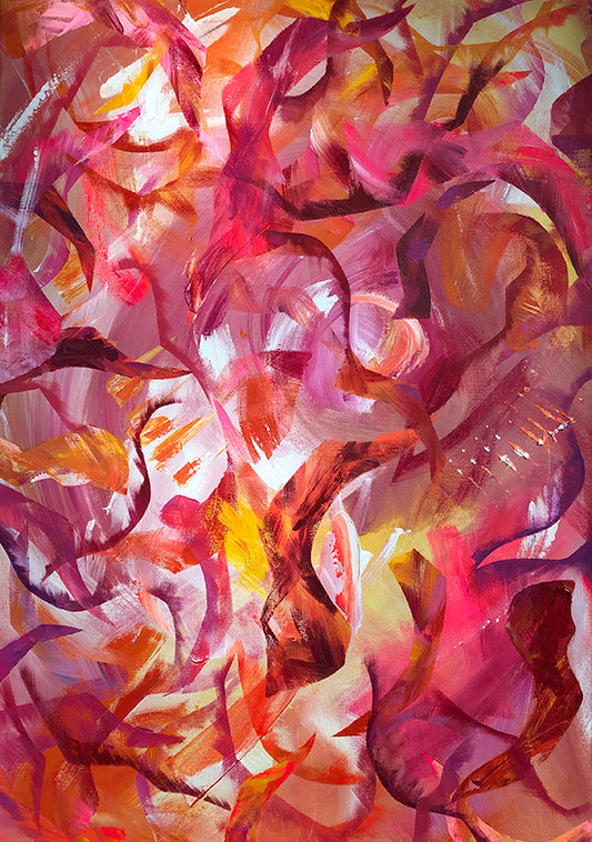 Abstract acrylic painting measuring 70x100cm by Melanie Howells. Features brightly layered shapes in shades of red, pink, orange, yellow and white.