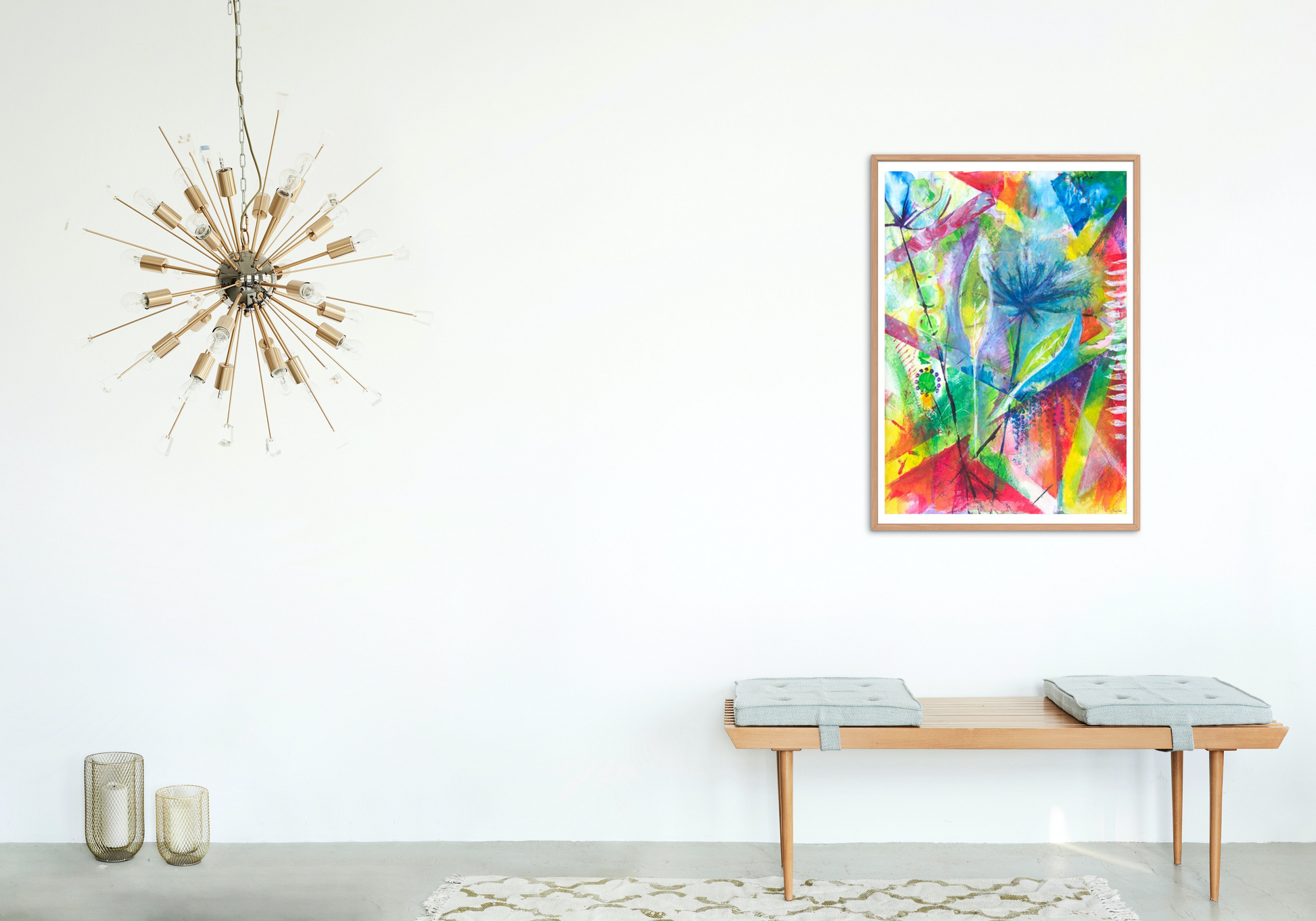 Flourish colourful abstract art print displayed in a light wood frame on a white wall in a contemporary minimalist interior decor.