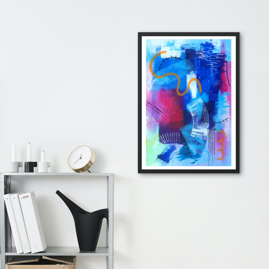 Limitless abstract fine art print displayed in a black frame on a white wall in a contemporary room.