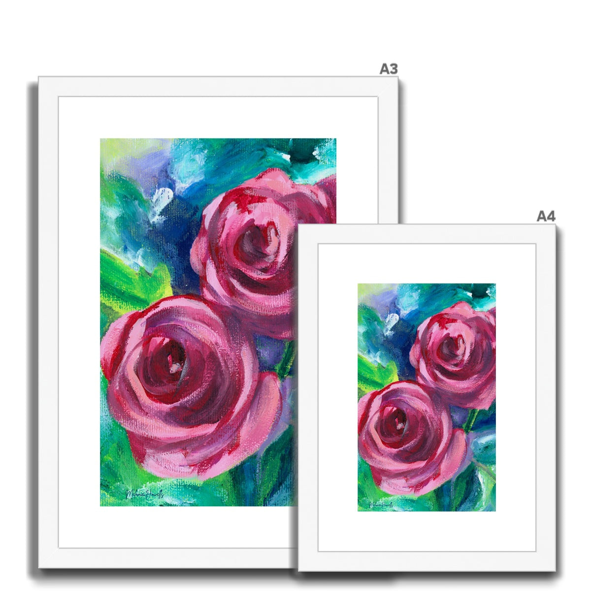 Rose Duo floral art print shown in a white frame in a choice of 2 sizes, A4 and A3