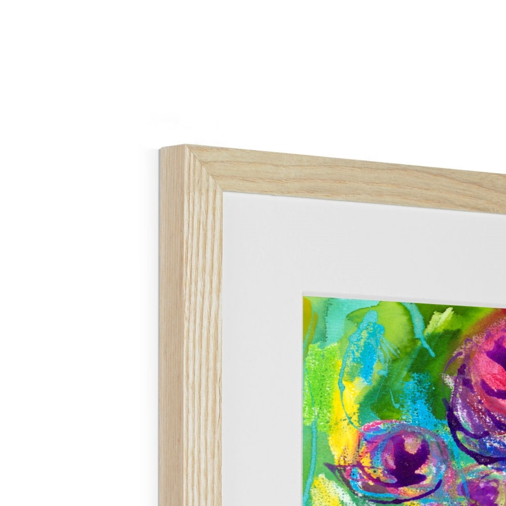 Rose Garden fine art print shown framed with a natural wooden frame.