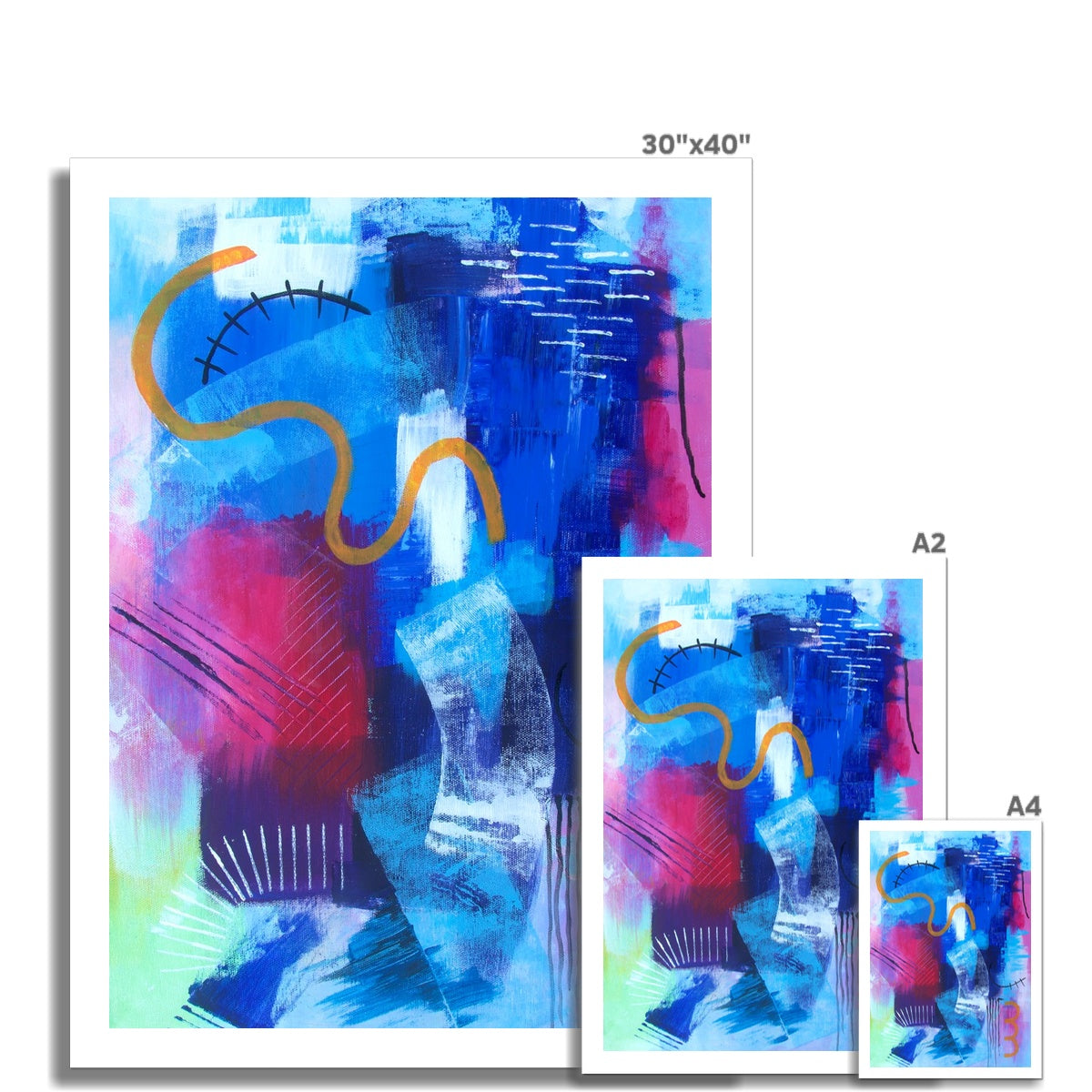 Limitless colourful abstract fine art print shown in different sizes.