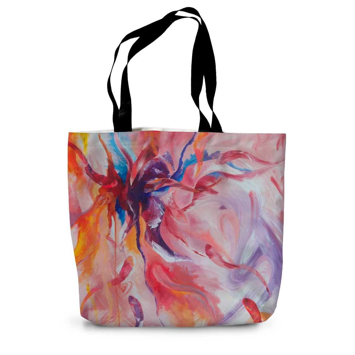 Colourful, pink canvas tote bag with black handles featuring an abstract art print of Sargasso by artist Melanie Howells