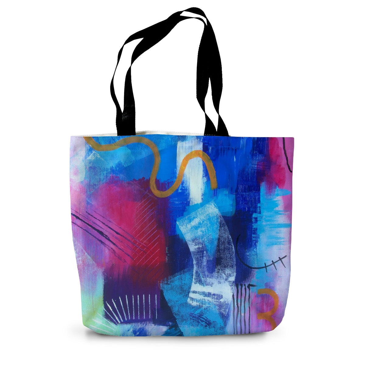 Colourful canvas tote bag with black handles featuring an art print of the abstract painting Limitless by artist Melanie Howells