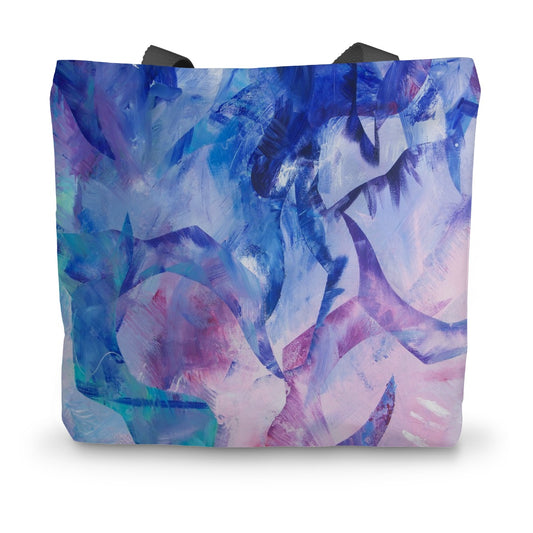 Tote bag featuring an art print in pinks, purples and blues taken from the painting Exploration by artist Melanie Howells