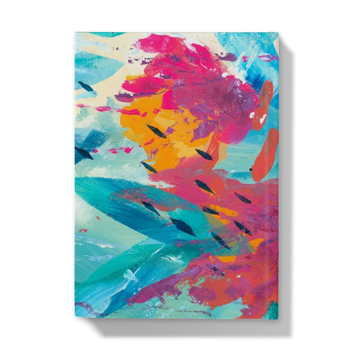 Back cover of colourful hardback journal featuring art print from an abstract painting in pink, orange and turquoise.