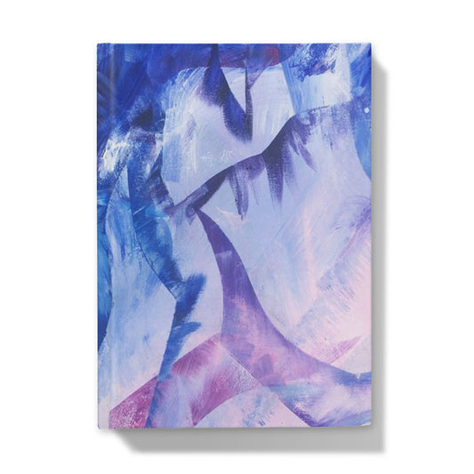 Front of hardback journal 5x7 inches featuring the Exploration art print in blue, purple and pink