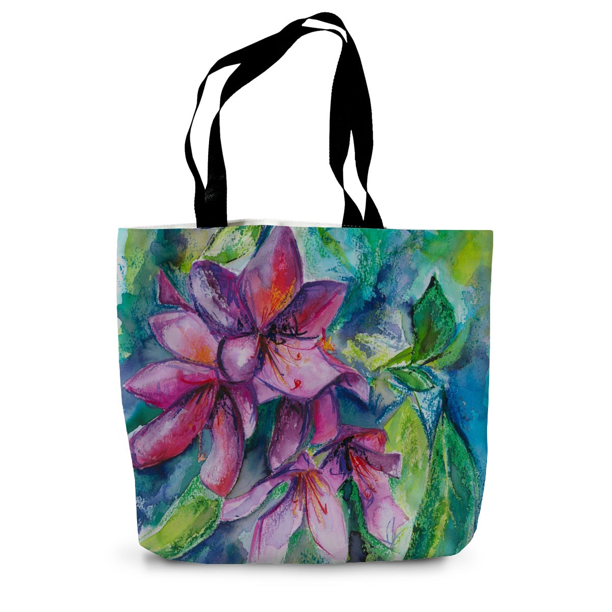 Colourful pink and green canvas art tote bag featuring Rhodedendron flowers