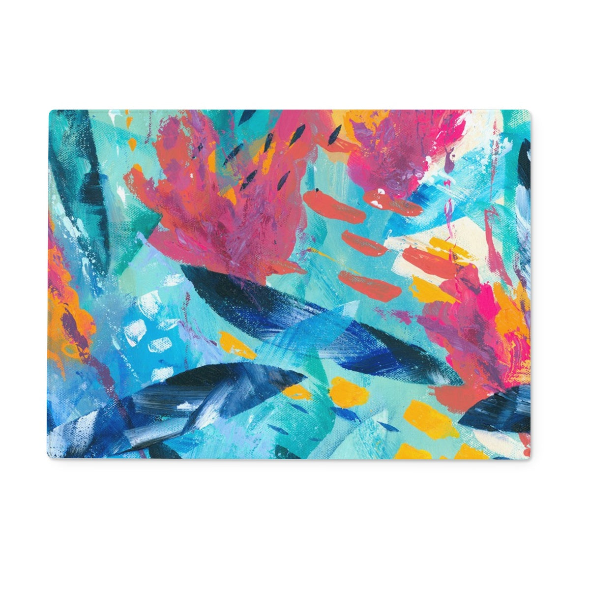 Rectangular glass chopping board featuring the pink, blue, turquoise and orange Tropical Seas original art print.